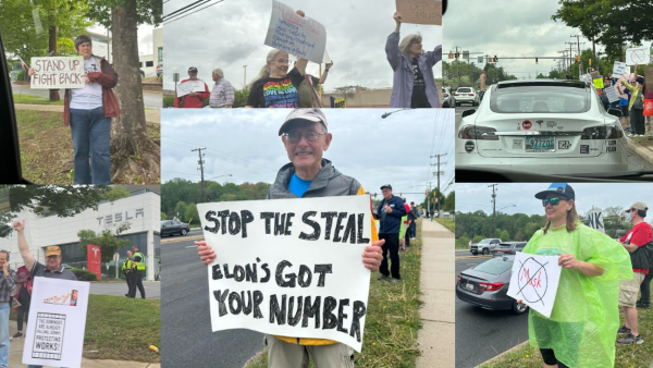Protestors participate in the #TeslaTakedown protest in front of the Tesla showroom on Rockville Pike on Apr. 26. The #TeslaTakedown organization hosts protests across the country rallying against Tesla CEO Elon Musk and his connections with President Donald Trump. "I never thought I would see this in my lifetime. To get to this point, it just breaks my heart,” protester Catherine Zizlavsky said.