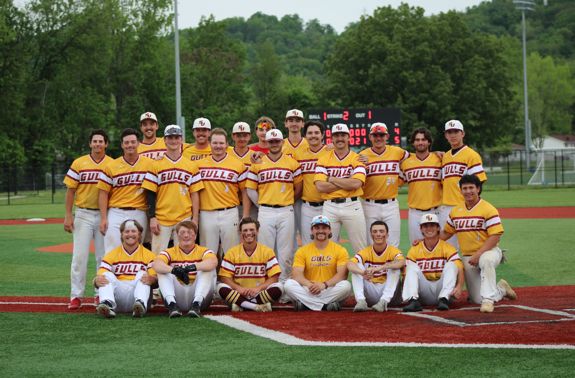 The Salisbury Club baseball team celebrates in front of the scoreboard after a 5-4 win. Nick Jayner, number 24, played baseball and soccer at Wootton and now plays club baseball and soccer at Salisbury.