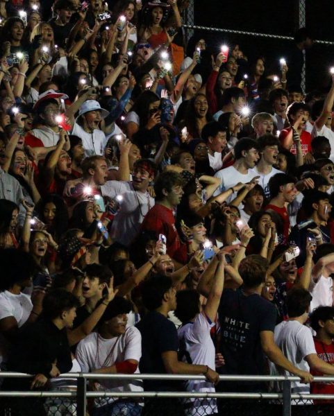 The student section during one of the football games in the fall demonstrates school spirit.