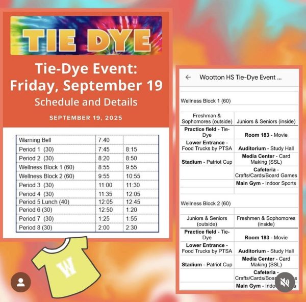 Students used this schedule to navigate the day: The tie-dye event and other activities took place in the morning, with classes only being 30 minutes. Image used with permission from @woottonsga
