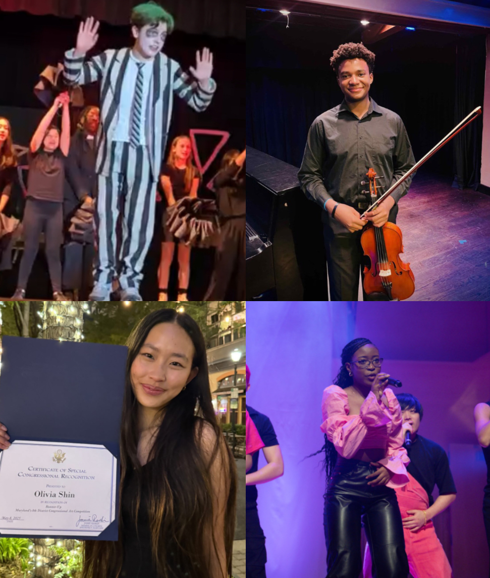Top left: Freshman Ray Spivak performs as the titular character in Beetlejuice Jr. at Cabin John Middle on May 10. Top right: Sophomore Jonathan Henderson holds  his viola after performing  with the National Youth Orchestra. Bottom right: Senior Victoria Olanrewaju  performs at a cappella competition SingStrong New York on Feb 1. Bottom left: Junior Olivia Shin, on May 8, holds her Certificate of Special Congressional Recognition from Rep. Jamie Raskin for her painting "Mirror of Disgust."  

Photos by Andy Spivak, Monica Henderson, Edwin Lomotan, Sammy Shin