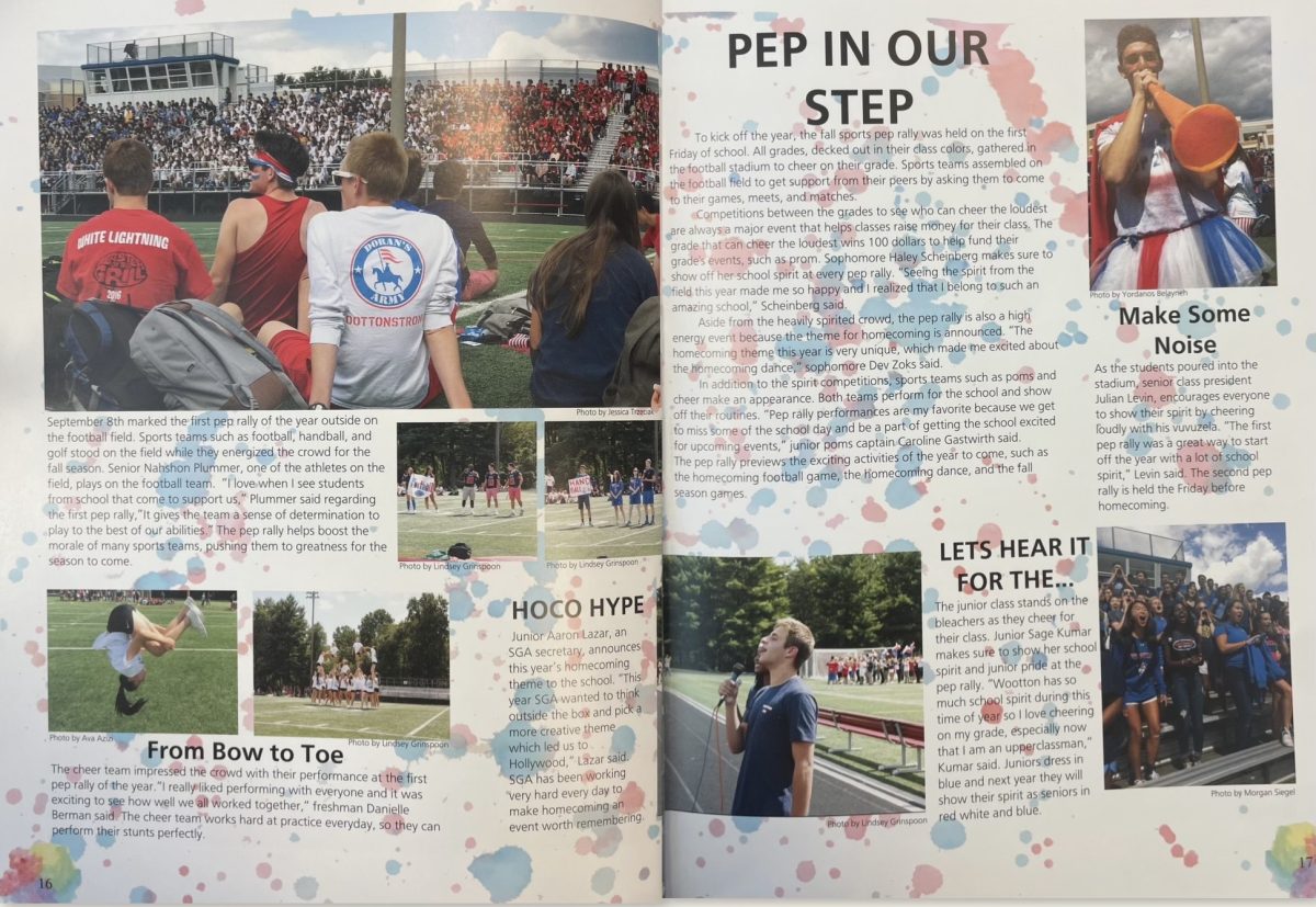 In the 2018 Fife & Drum yearbook,  student life is promoted through the pep rallies with the cheering competitions, class colors, Woottonettes performances and sports introductions. Image used with permission from Fife & Drum