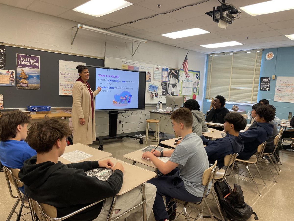 Internship coordinator Michele McMahon teaches her mixed-grade level class about values. Students seeking jobs should reach out to Ms. McMahon for guidance.