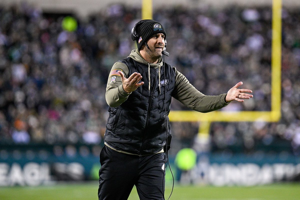 Eagles Head Coach Nick Sirianni coaches during a Week 10 clash with the Washington Commanders on Nov. 14, 2022. Sirianni's Eagles have been under scrutiny due to their use of the "Tush Push," which is often difficult to officiate and boring to viewers. "Nick Sirianni 2022" by All-Pro Reels is licensed under CC BY-SA 2.0.