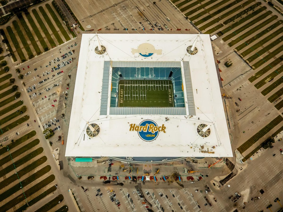 Hard Rock Stadium, located in Miami Gardens, FL, will host the College Football Playoff National Championship on Monday, Jan. 19th, 2026. "Hard Rock Stadium Prior to first NFL game" by Eisenthesky Productions is licensed under CC BY-SA 4.0.