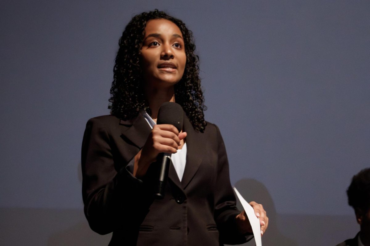 Walter Johnson junior Reemey Ghermay campaigns at the SMOB nominating convention on Feb. 9. Every middle and high school in the county had around five representatives to vote for the final two SMOB candidates. Ghermay will now run against Northwood sophomore Leul Dawit. County-wide elections will be held on Apr. 22. Photo courtesy Reemey Ghermay