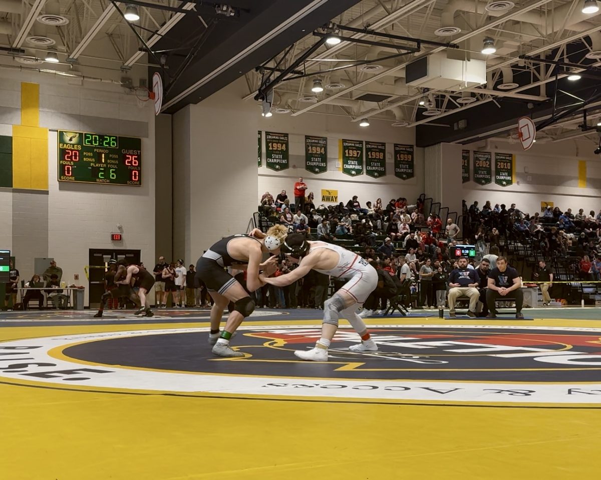 Senior Rick Quo wrestles against Oakdale sophomore MJ Sandy at the MPSSA 3A-4A West Regional Championship at Seneca Valley. Guo lost the match by a score of 6-0. Photo courtesy Rick Guo