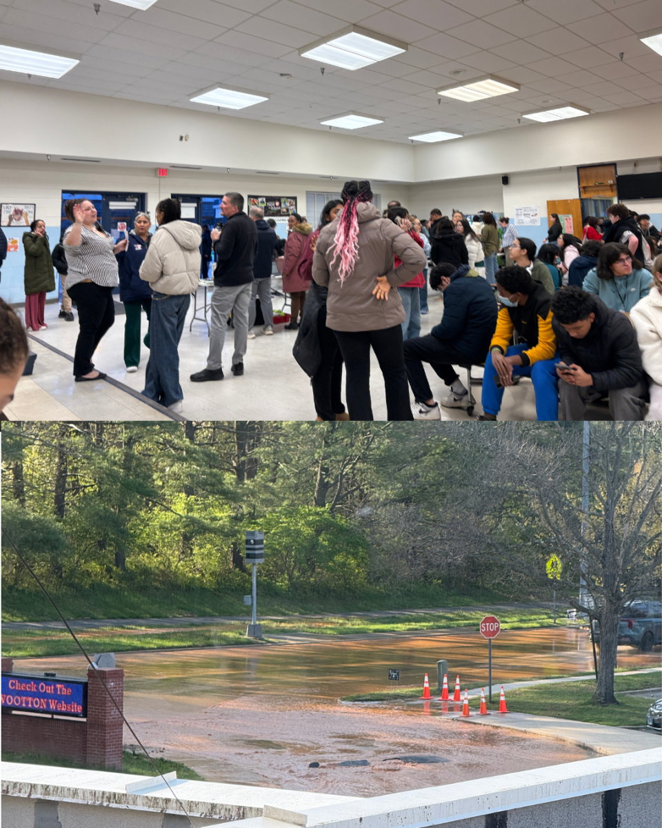 Top: Students and staff crowd the Frost cafeteria on Feb. 9 for the reunification process after the school shooting. Bottom: The entrance outside of the school flooded due to a water pipe break on May 10. Top Photo by Emory Scofield. Bottom photo courtesy Sierra Lease