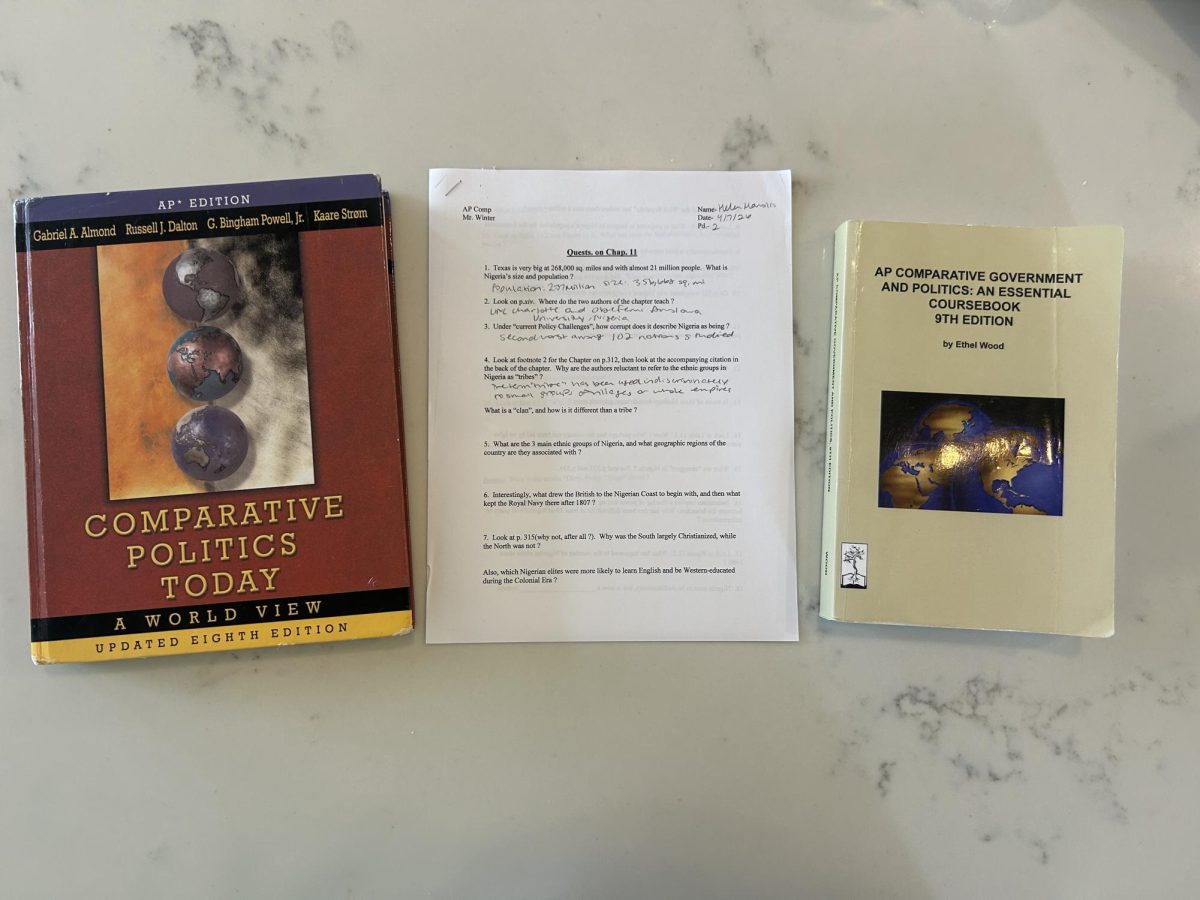 Senior Helen Manolis (this writer) uses her AP Comparative Government textbooks to fill out a quest. These assignments are usually started toward the end of class and assigned as homework if not finished, but they are always completed alone or with a partner.