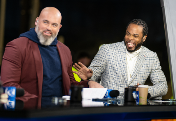 Former NFL stars Richard Sherman and Andrew Whitworth serve as the new face of Thursday Night Football on Amazon Prime Video. "Andrew Whitworth & Richard Sherman Thursday Night Football DEC2023" by Erik Drost is licensed under CC BY 2.0.