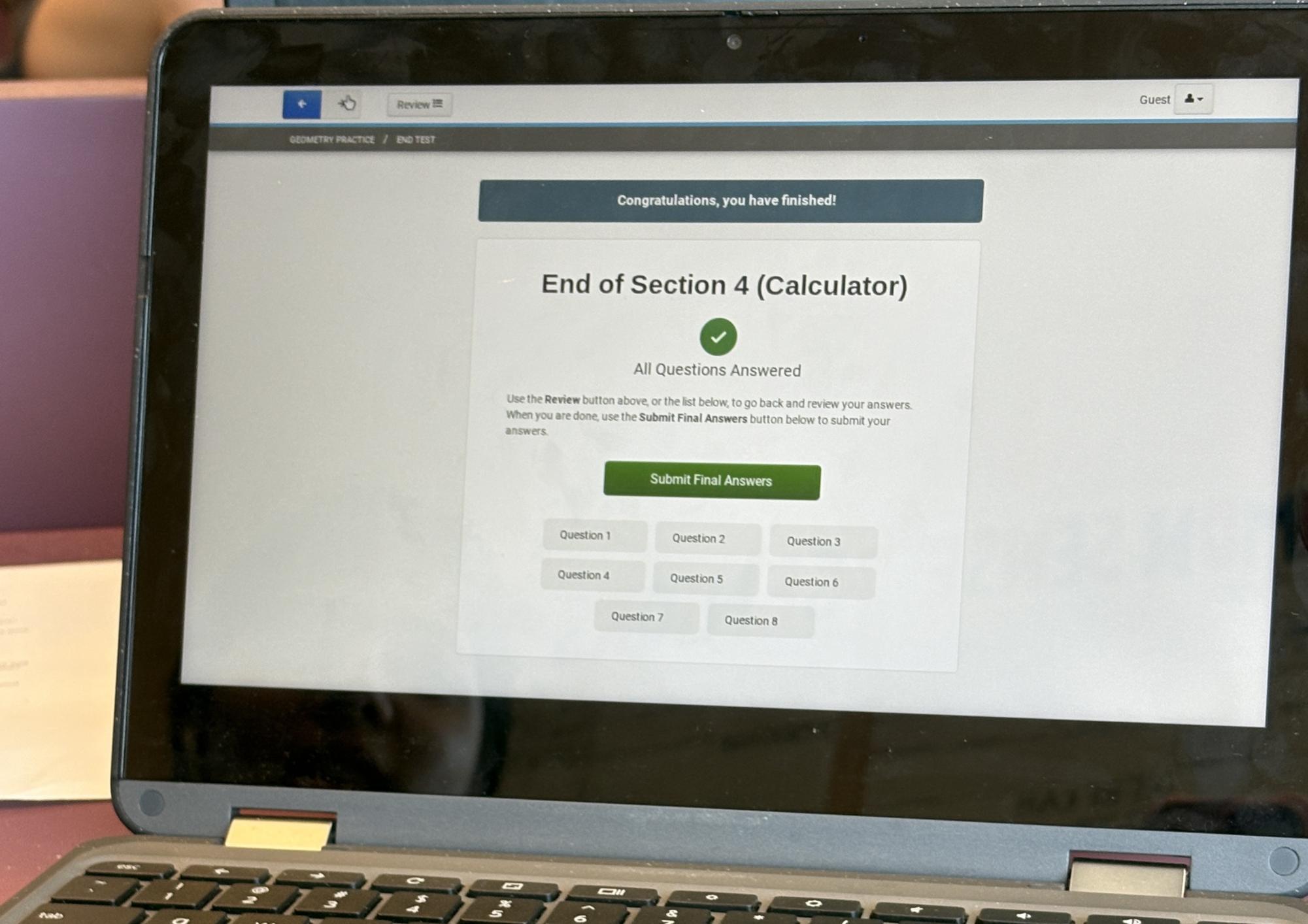 Danielle Gottesman (this writer) finishes section four of the Geometry Maryland Comprehensive Assessment Program practice test using TestNav on May 19.