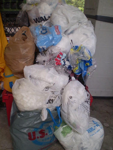 Montgomery County’s new law bans single-use plastic bags at most stores, aiming to reduce pollution and protect local rivers and streams. “Sometimes customers complain if the bags tear, and it’s costing us more money,” Congressional Aquarium manager David Deckert  said. "plastic bags awaiting recycling" by EvelynGiggles is licensed under CC BY 2.0.