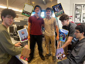 Left: This writer, senior Ahmed Ibrahim, creates his very first page on his first day as Opinion Editor during second-period Newspaper on May 15, 2024, in the computer lab while the newspaper room was closed for AP testing. Middle: Ibrahim and 2025 graduate and Features Editor emeritus Noah Friedman attend the Quill & Scroll banquet on May 6, 2025, at  Lakewood Country Club. Right: Editor-in-Chief emeritus and 2025 graduate Alex Balian helps Ibrahim, newly enrolled as Editor-in-Chief, create his first Common Sense cover on May 12, 2025, during their third-period Newspaper class. Across the borders of each photo are pages and covers created by Ibrahim as both Opinion Editor and Editor-in-Chief. Photos by Inayat Thukral, Hayley Gottesman and Heerah Jayakumar