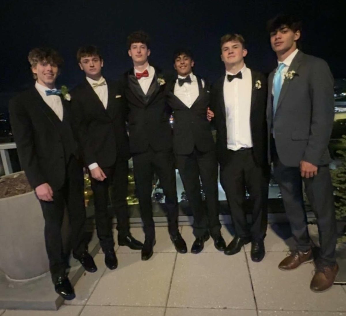 Seniors Justin Heller, Cameron Pietak, Owen Goozh, Vikram Mishra, Jack Weinstein,and Aadi Chaudhari on a rooftop during prom. "Prom was such a good way to close out the year, besides graduation, which is coming up, obviously," senior Goozh said.