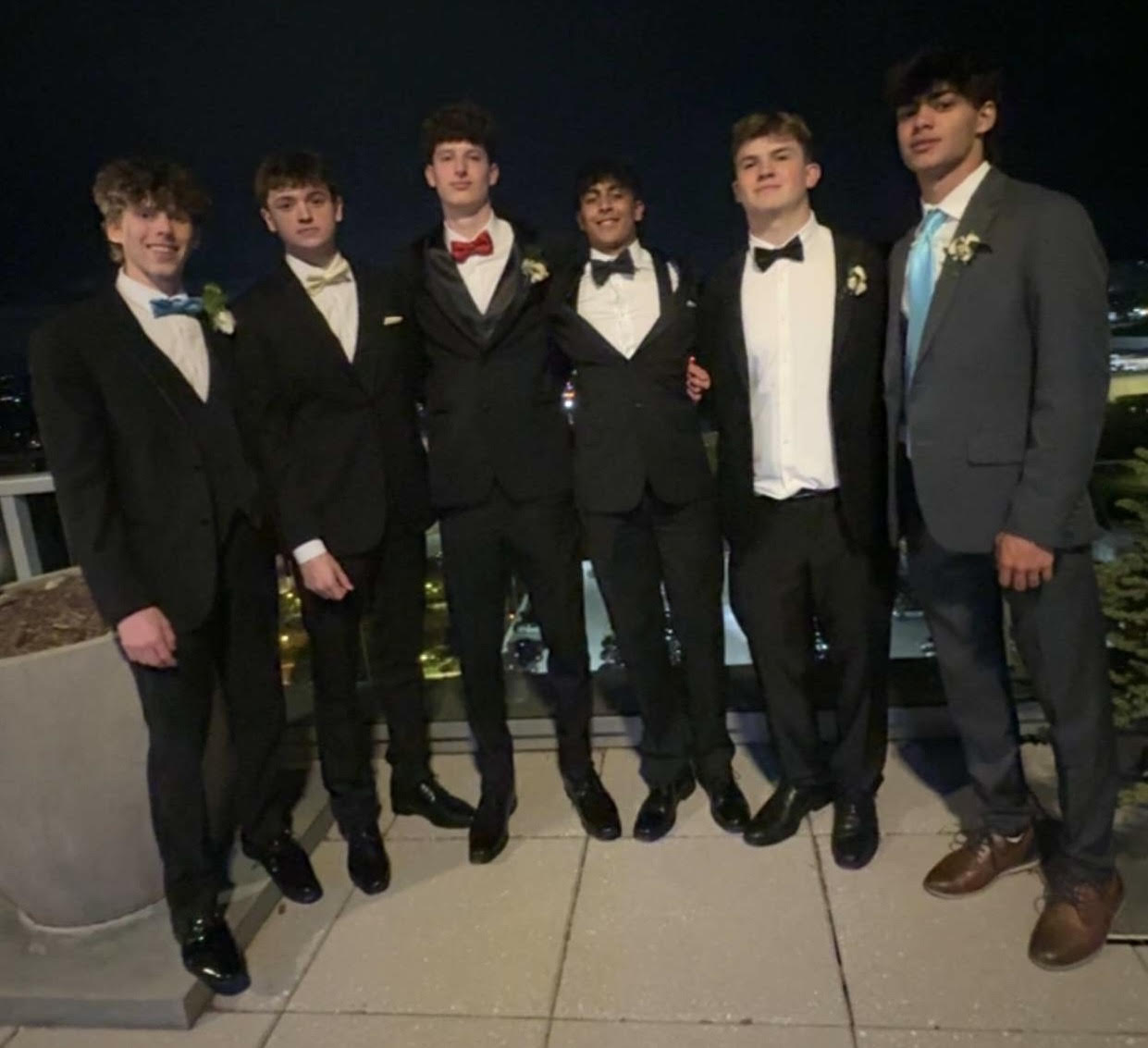 Seniors Justin Heller, Cameron Pietak, Owen Goozh, Vikram Mishra, Jack Weinstein,and Aadi Chaudhari on a rooftop during prom. "Prom was such a good way to close out the year, besides graduation, which is coming up, obviously," senior Goozh said.