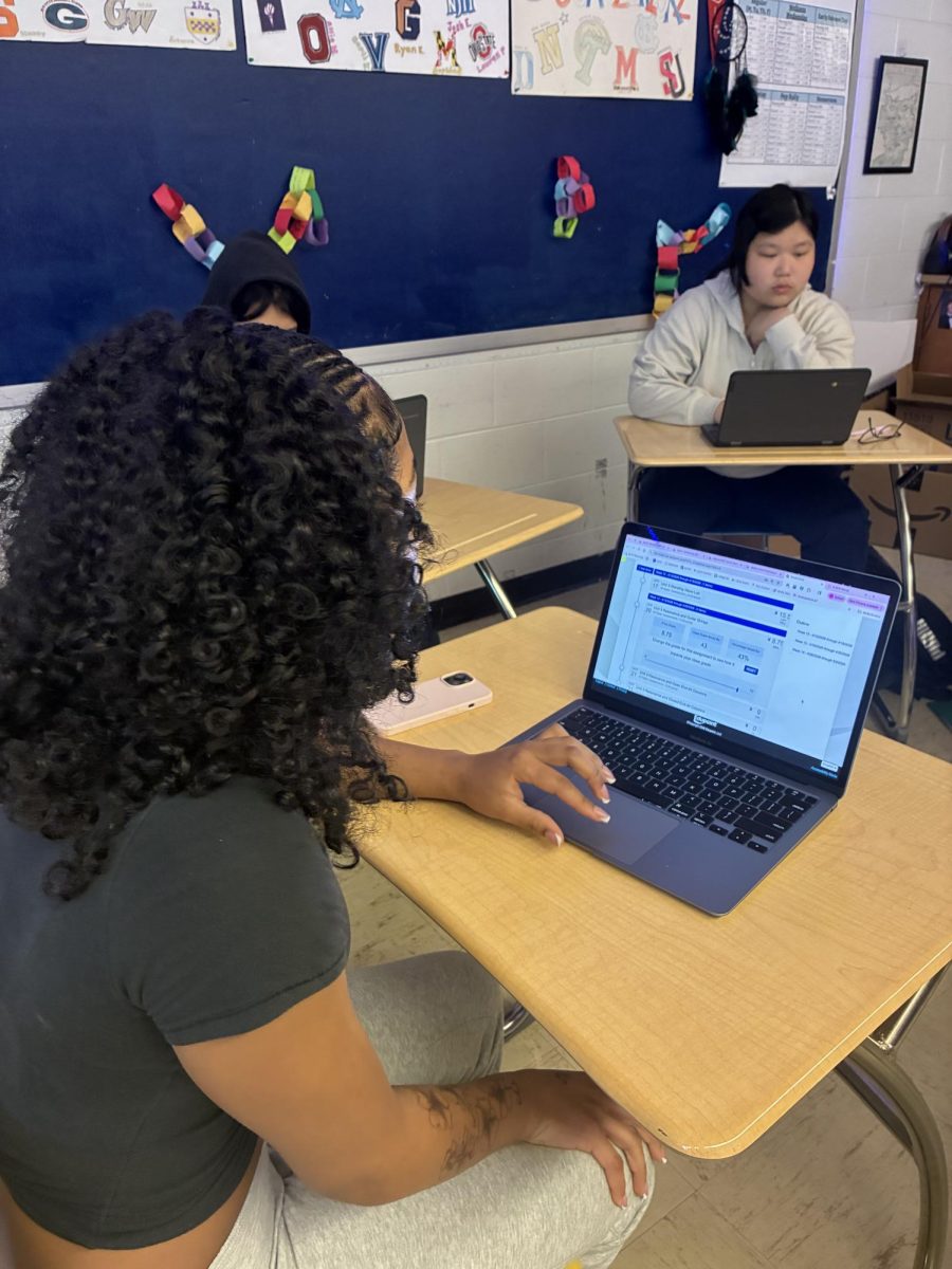 Junior Ava Nieto looks at her honors physics lab on Synergy, on which she got an 8.75 out of 10. "I didn't mind getting a B on this lab because it's an honors class,"  Nieto said.