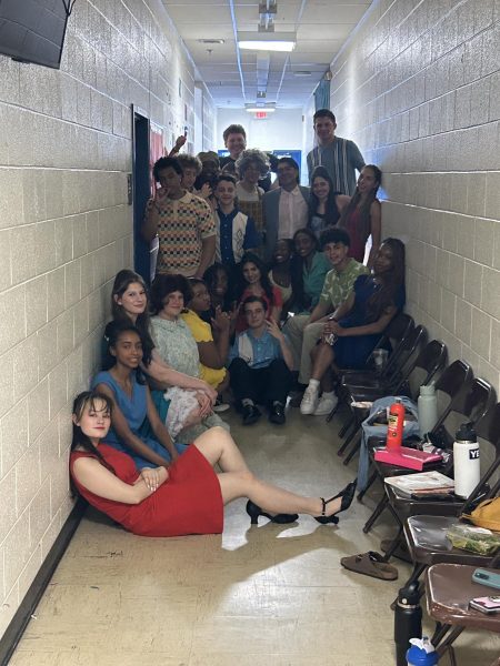 Helen Manolis (this writer) spends time with members of the cast and crew backstage during one of the show nights for the musical "Hairspray" on April 16. The entire theater team partakes in show day traditions that bring them all together before they take the stage. Photo courtesy Helen Manolis