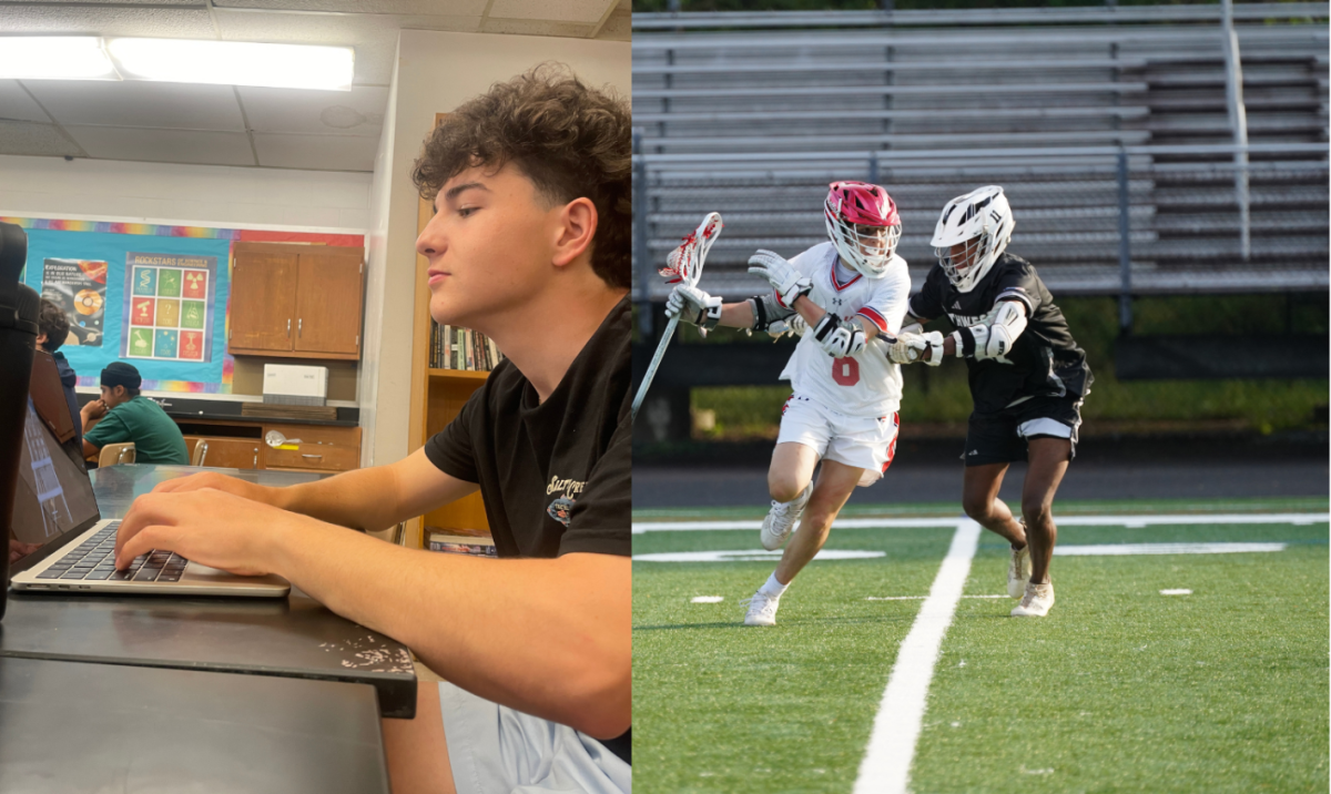 Junior Caleb Cook practices his time management skills by tackling homework before heading to lacrosse practice. “It separates the good from the best," boys’ varsity lacrosse head coach Daniel Phillips said.