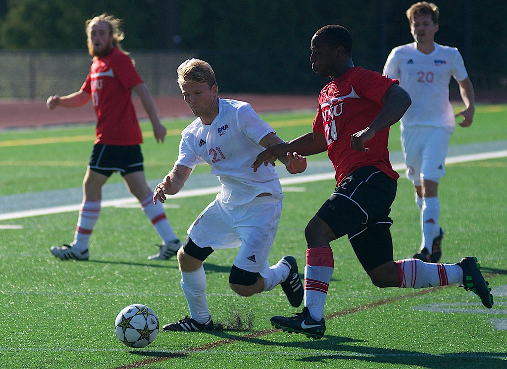 NCAA Men's Division l soccer teams from Simon Fraser University and Northwest Nazarene University face each other in a highly competitive league match on Oct. 23, 2024. "SFU Men's Soccer vs Northwest Nazarene" by SFU - Communications & Marketing is licensed under CC BY 2.0.